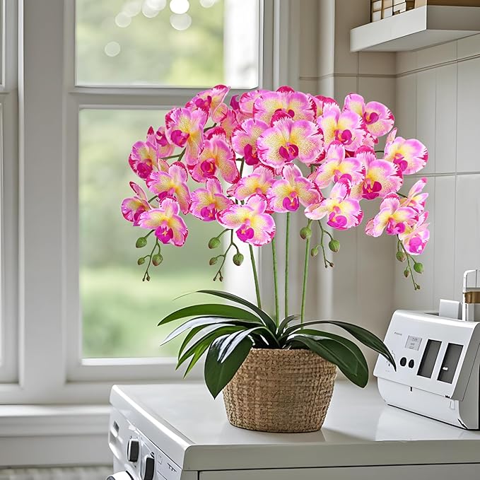 Htmeing 38 Inch Artificial Phalaenopsis Flowers Branches Real Touch (Not Silk) Orchids Flowers for Home Office Wedding Decoration,Pack of 2 (Yellow Purple)