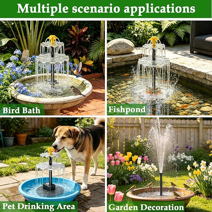 Solar Water Fountain, Upgrade Solar Fountain Pump Kit with 4 Nozzles & 9.94ft Cable, Outdoor 2w Solar Fountain for Bird Bath, Garden, Pool, Pond