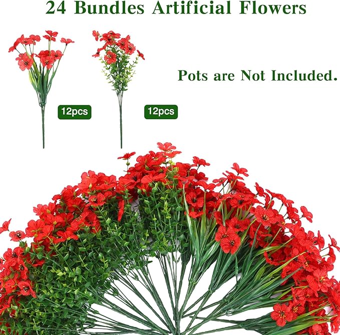 CEWOR 24 Bundles Artificial Flowers for Outdoor Indoor, Fake Silk Daisy with Eucalyptus Leaves, Faux Flower for Valentine's Day Decor Garden Front Door Porch Planter Patio Home Decor (Red)