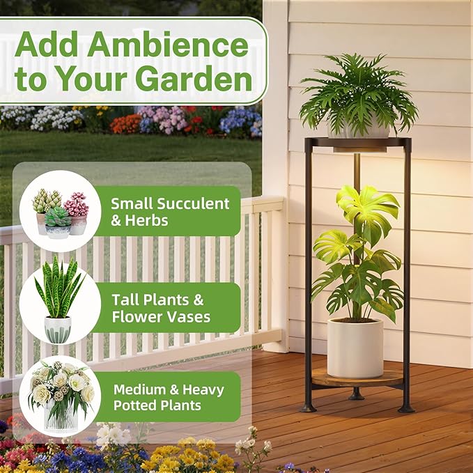iDavosic.ly 2 Tier Plant Stand Indoor with Grow Light, 30 Inch Tall Vertical Corner Metal Flower Heavy Duty Pot Holder Shelf, Modern Black & Rustic Brown - Round