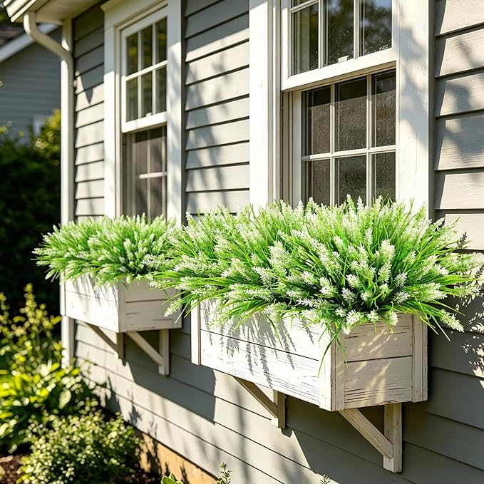 AmyHomie Fake Plants Artificial Flowers for Outdoors – 16 Bundles White Fake Lavender Plants & Monkey Grass, UV Resistant Faux Greenery for Patio, Porch, Planter, Garden and Window Decor