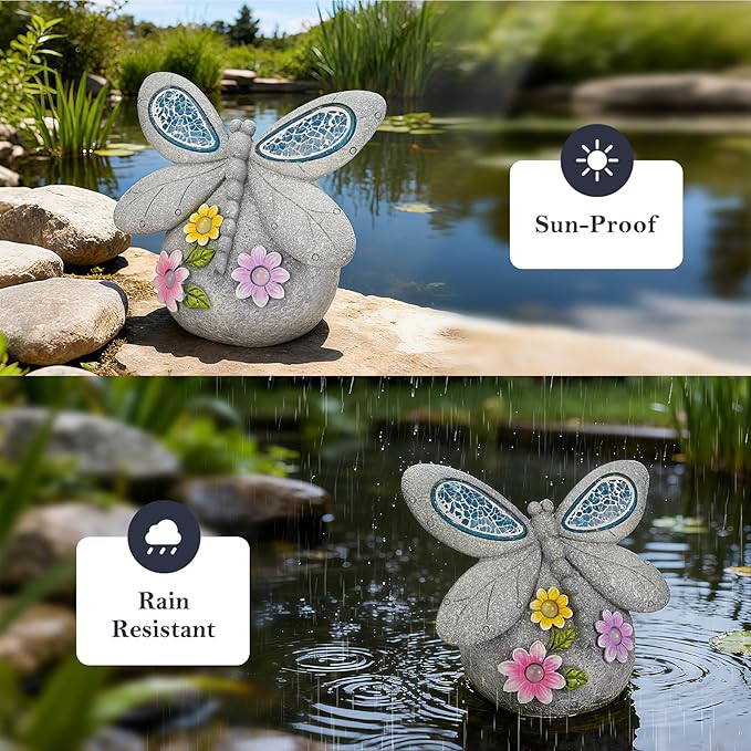 Solar Dragonfly Garden Decor with Cracked Glass Wings, Outdoor Resin Dragonfly Statue with Solar Light for Patio, Lawn, Yard Ornament Eco-Friendly Housewarming Gift for Women