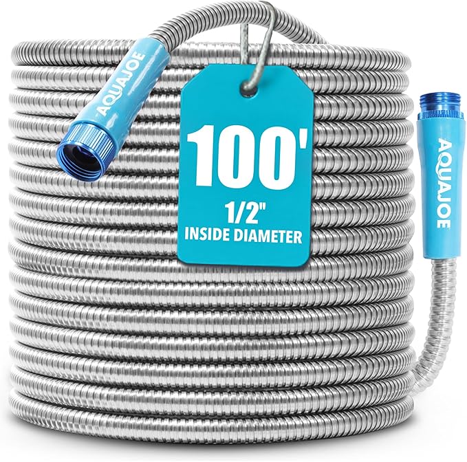 Aqua Joe AJSGH100 1/2-Inch Heavy-Duty, Puncture Proof Kink-Free, Spiral Constructed 304-Stainless Steel Metal, Garden Hose, 100-Foot