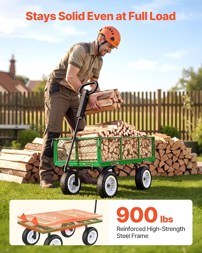 VEVOR 900 LBS Steel Garden Cart, 2 in 1 Handle, Heavy Duty Pullable Garden Wagon with 10" Flat-Free Tires, Outdoor Utility Yard Wagon Cart with Detachable Side Panels, Attach to ATV or Tractor