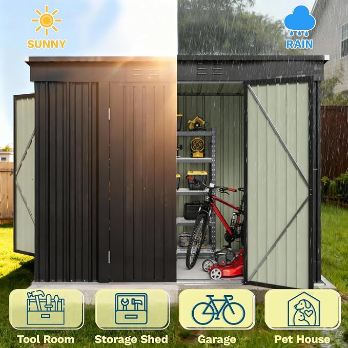 Patiowell 8x4 FT Outdoor Storage Shed with 3 Lockable Doors, Metal Garden Tool Sheds with Sloping Roof, Outdoor Utility Shed for Backyard Patio Lawn, Black