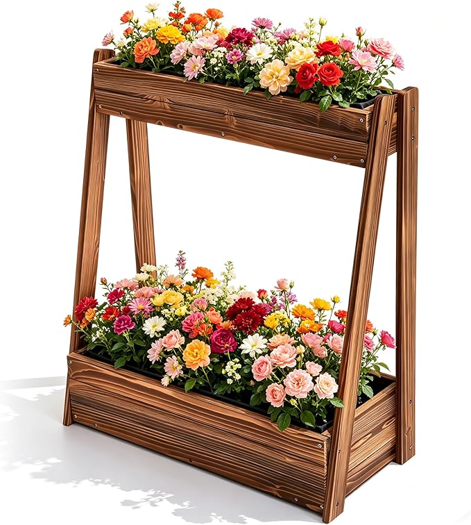 2-Tier Elevated Raised Garden Bed, 36" H Fir Wood Planter Box with 23" Growth Space for Tall/Climbing Plants, Drainage Holes & Non-Woven Liner, Outdoor Garden Planter for Patio Balcony Backyard