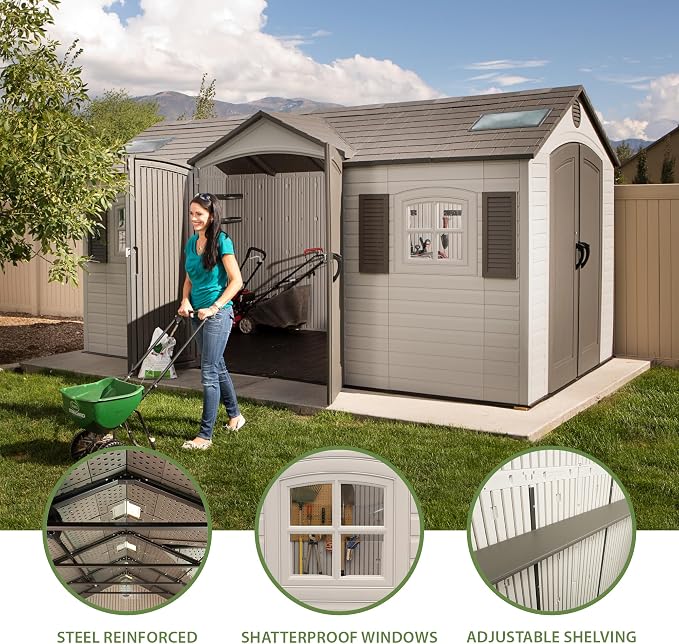 Lifetime 15×8 Ft Dual‑Entry Outdoor Storage Shed, Steel‑Reinforced, UV‑Protected, Weather‑Resistant Backyard Garden Shed with Skylights, Windows & Shelving, Desert Sand