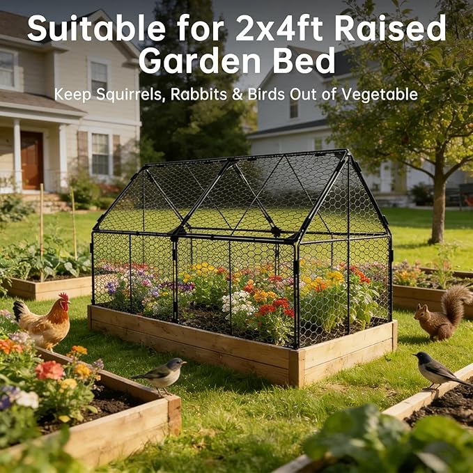 Decoroca 4x2ft Chicken Wire Plant Protectors - Crop Cage with Flip-Top&10 Ground Stakes, Outdoor Plant Protection Cage Keep Animals Out of Your Vegetable Garden - Suitable for 4x2ft Raised Garden Bed