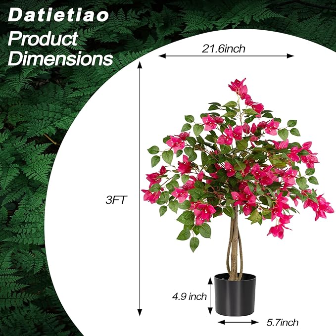 3FT Artificial Bougainvillea Tree, Faux Potted Flowering Plant with Lush Pink Blooms, UV Resistant Indoor Outdoor Artificial Tree for Living Room, Patio, Office, Porch Decoration