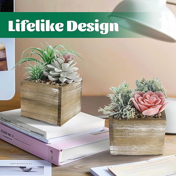 Der Rose Set of 3 Succulents Plants Artificial Fake Plants in Wood Pots with Pink Fake Flowers for Farmhouse Bathroom Desk Sheif Decor