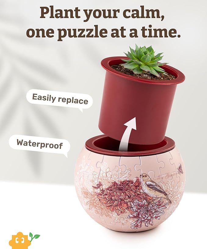 PieceRelax 3D Puzzle Planter - Singing Birds and Flowers - Danish Folklore Style, for Mom, Home Decor Flower Pots for Indoor Cactus, Succulents Pots [K1100]