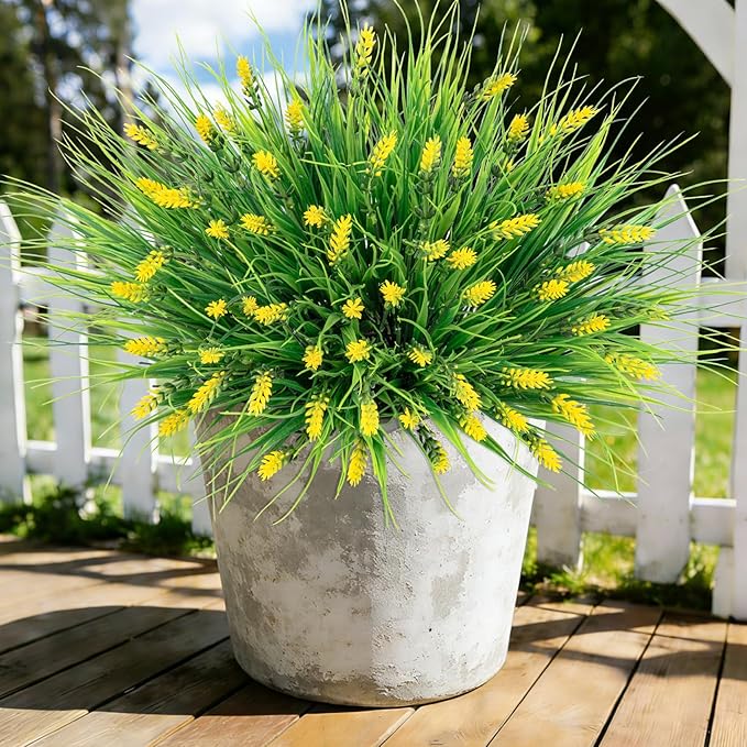 Roberly 24 Bundles Artificial Plants Outdoor, Fake Lavender Flowers UV Resistant Faux Shrubs Plastic Flowers Fake Greenery Plants for Porch Garden Window Box Home Indoor Outdoor Decorations, Yellow