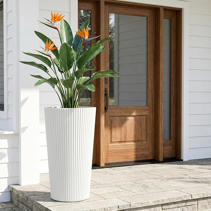 23.6" H Tall Planters for Outdoor Plants, 2 Pack Large Outdoor Planters for Front Porch Decor with Drainage Hole, Plastic Striped Flower Pots Fits Indoor Plants Patio Garden, Black