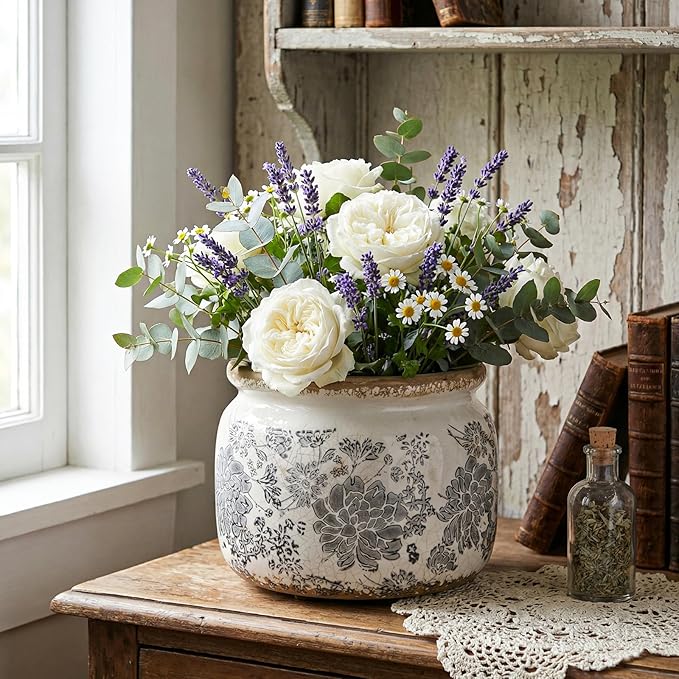 7.7" Large Ceramic Plant Pot Beige Gray Rustic Peony Crackle Glaze Rustic Flowers Pot Decorative Planter with Drainage for Indoor Outdoor Plants Home Kitchen Office Decor Gift