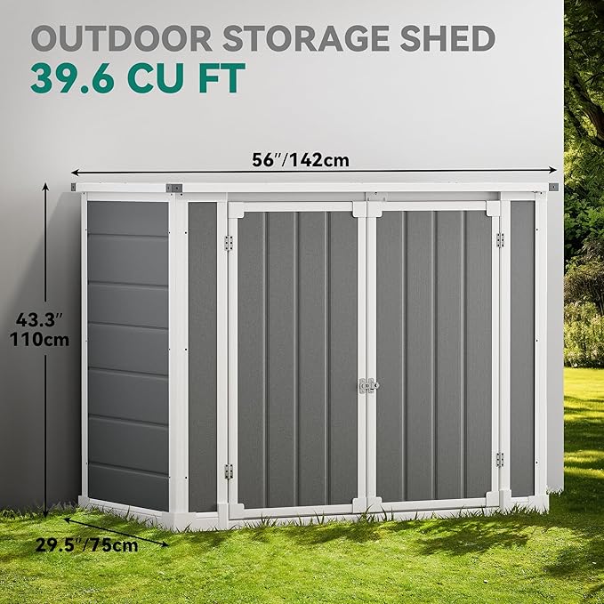 DWVO 41 Cu.ft Horizontal Resin Storage Shed, All Weather Outdoor Garden Shed 4.7x2.5 FT with Hydraulic Struts, 3 Locks, Lockable to Floor for Garden Tools, Trash Cans, Gray