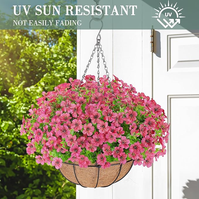 Artificial Flowers Hanging Plants in Basket,Artificial Hanging Flowers for Spring Outdoor Indoor Decor,UV Resistant hanging Baskets with Fake Flowers for Summer Patio Garden Porch Deck Home Decor