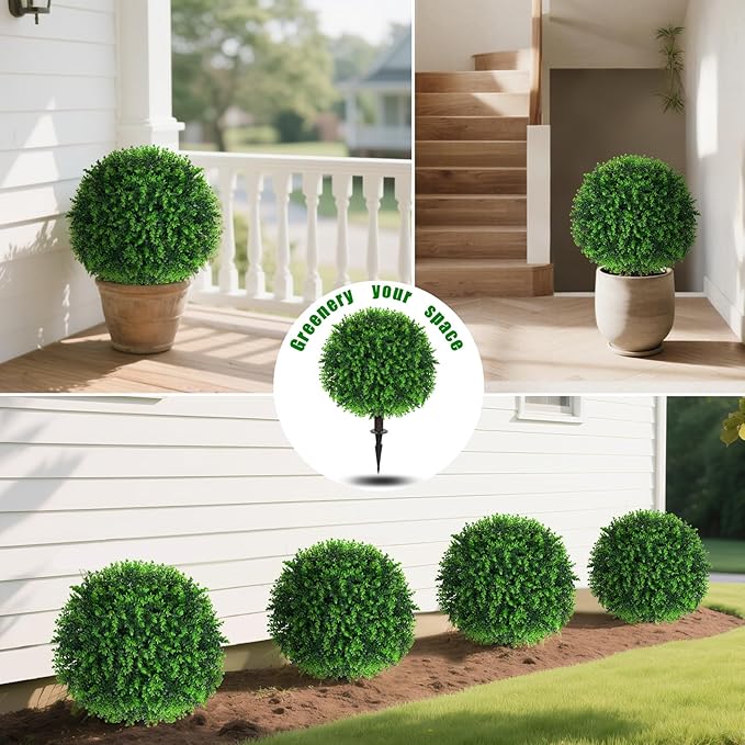 Yangrass Artificial Eucalyptus Topiary Ball Trees with Ground Spike, Set of 2 UV Resistant Artificial Shrubs, Fake Evergreen Artificial Plant Bushes for Indoor Outdoor Front Porch Garden