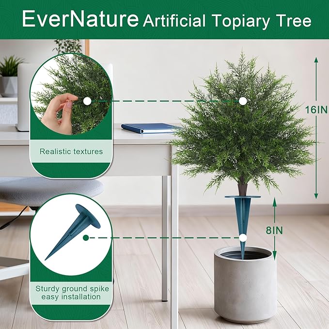 Artificial Cedar Topiary Ball Trees,16'' UV Resistant Fake Evergreen Shrubs Bushes Plants with Ground Spike 2 Set of Fake Plants for Outdoor Indoor Front Porch Garden