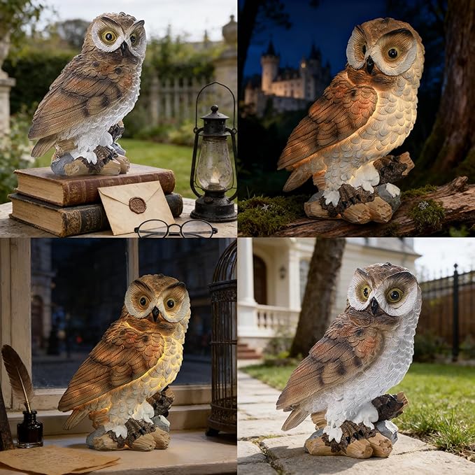Solar Owl Garden Outdoor Statue,Owls Figurine Sculpture with LED Lights for Porch Patio Lawn Yard Deck Spring Summer Decor - Mother's Day Housewarming Gift for Women Men Owl Lover