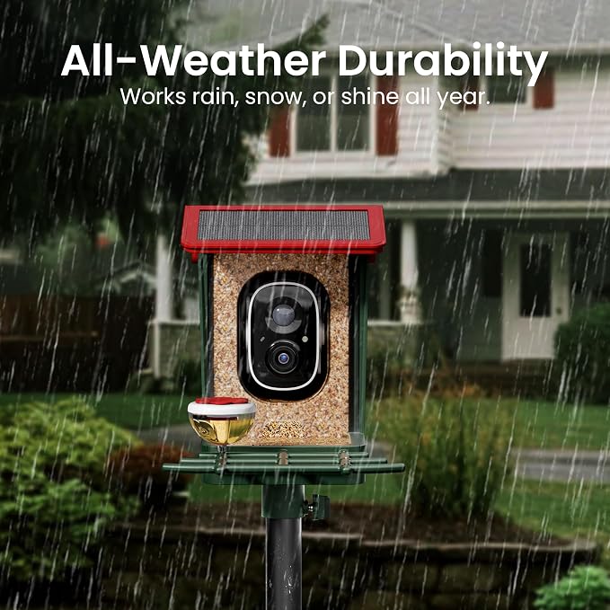 Smart Bird Feeder with Camera Solar Powered, 2K HD Video, AI Bird Species Identification, Instant Arrival Alerts, Weatherproof Design for Effortless Birdwatching, Gift for Fathers Day, Red