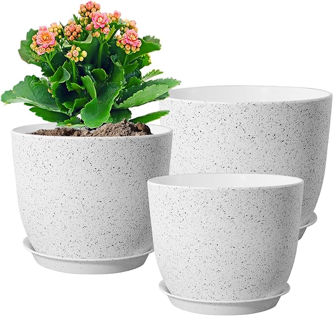 WSMKSZ 10/9/8 inch Medium Plant Pots, Set of 3 Modern Decorative Plastic Planters with Drainage Holes and Saucers for Garden House Plants, Flower Pots for Indoor Outdoor Plants, Speckled White