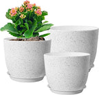 WSMKSZ 10/9/8 inch Medium Plant Pots, Set of 3 Modern Decorative Plastic Planters with Drainage Holes and Saucers for Garden House Plants, Flower Pots for Indoor Outdoor Plants, Speckled White