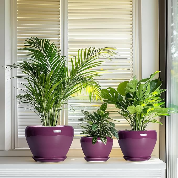 10+8+6 Inch Ceramic Plant Pots, Ceramic Planter for Indoor Outdoor Plants, Round Planter with Drainage Holes and Saucers, Indoor Flower Pots, Room Decor, Housewarming Gift, Set of 3, Purple