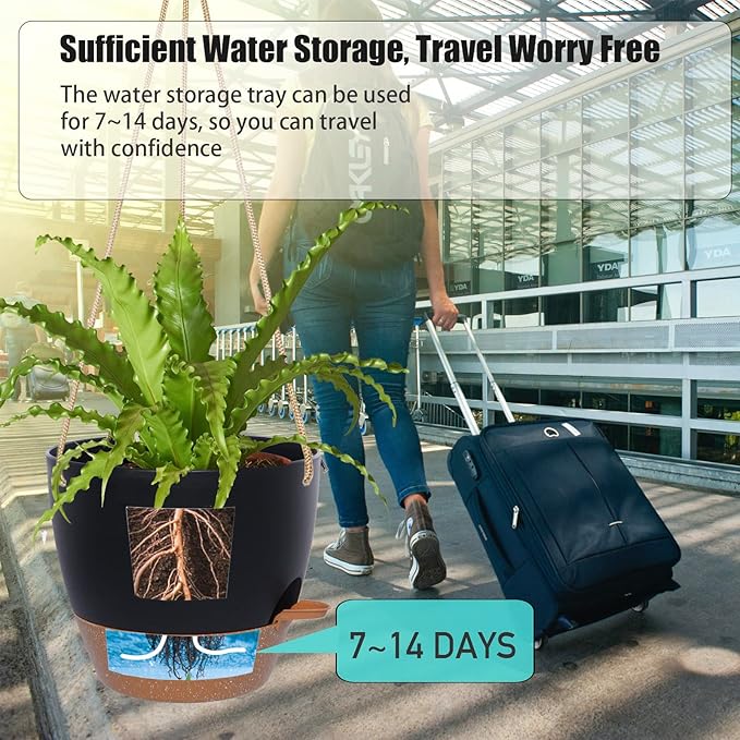 SwinDuck 10 Inch Self Watering Hanging Pots, 2 Pack Hanging Planters with 40oZ Deep Reservior for Indoor Outdoor Plants Flowers, Black with Brown