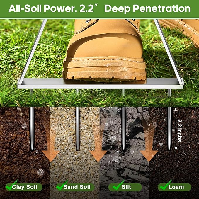 Manual Lawn Aerator Spike Tool, Semi-Assembled, Non-Clogging Spike Aerator with 4 Steel Spikes, Ergonomic Handle & Reinforced Welding for Compacted Soil Loosening & Yard Aeration - Green