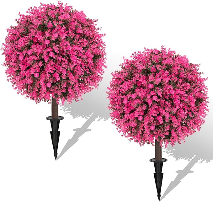 AOKIIE Set of 2 Artificial Pink Boxwood Topiary Ball Tree for Outdoor with Ground Spike, 22" UV Resistant Faux Greenery Shrubs, Fake Plants for Garden Yard Porch Patio(Pink)