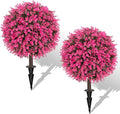 AOKIIE Set of 2 Artificial Pink Boxwood Topiary Ball Tree for Outdoor with Ground Spike, 22" UV Resistant Faux Greenery Shrubs, Fake Plants for Garden Yard Porch Patio(Pink)