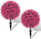 AOKIIE Set of 2 Artificial Pink Boxwood Topiary Ball Tree for Outdoor with Ground Spike, 22" UV Resistant Faux Greenery Shrubs, Fake Plants for Garden Yard Porch Patio(Pink)