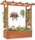 Outvita Raised Garden Bed with Trellis, Wood Planter Box with Hanging Roof, Side Trellis and Drainage Holes, Above Ground Elevated Garden Bed for Outdoor Climbing Plants Vines Vegetables (Teak Color)