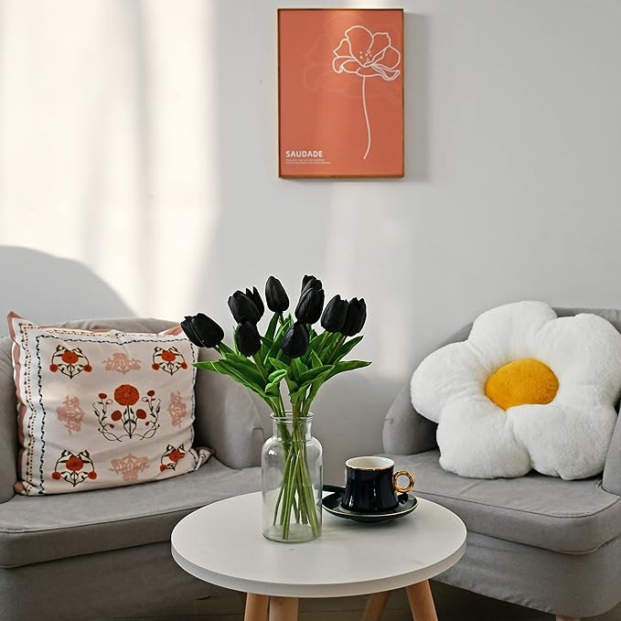 Mandy's Black Artificial Tulips Flowers Centerpiece, 13.5" Lifelike PU Fake Floral Stems 20pcs for Kitchen Island & Dining Table, Spring Decor for Easter