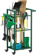 Garden Tool Organizer with Wheels, Heavy Duty 3 Tier Metal Yard Tool Storage Rack Holder with Side Hooks, Freestanding Garage Organizer for Shovels, Rakes, Brooms, Indoor Outdoor Use, Green