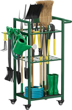 Garden Tool Organizer with Wheels, Heavy Duty 3 Tier Metal Yard Tool Storage Rack Holder with Side Hooks, Freestanding Garage Organizer for Shovels, Rakes, Brooms, Indoor Outdoor Use, Green