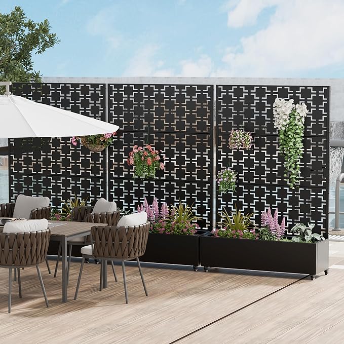 Casaphoria Metal Raised Garden Bed with Trellis and Wheels, 72"x47"x16" Planter Box for Climbing Plants, Vegetables & Vines, Features Drainage Holes and Privacy Screen (Black-Square)