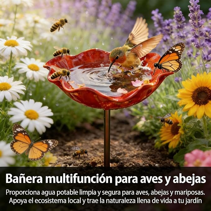 Handmade Metal Flower Garden Stakes, Metal Flower Garden Stakes Bird Bath, Flower GardenStakes BirdBath, Mini Bird Bath & Pollinator Water Station, for Yard, Patio, Lawn (2pcsYellow+Pink)