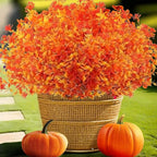 Artificial Fall Flowers for Outdoors, 10 Bundles Faux Flower UV Resistant Fall Fake Mums Plants for Outside Halloween Christmas Porch Decoration Fall Decor(Orange(Eucalyptus))