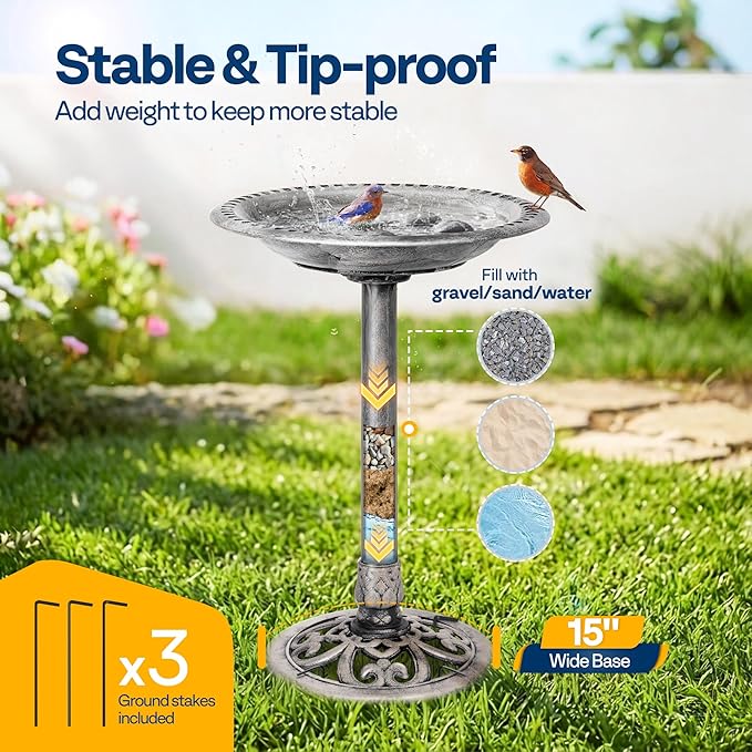 VIVOHOME Bird Bath for Outside, Polyresin Pedestal Bird Baths for Outdoor, Garden, 28 Inch Height Weather-Resistant Birdbaths with 20" Bowl, Gray