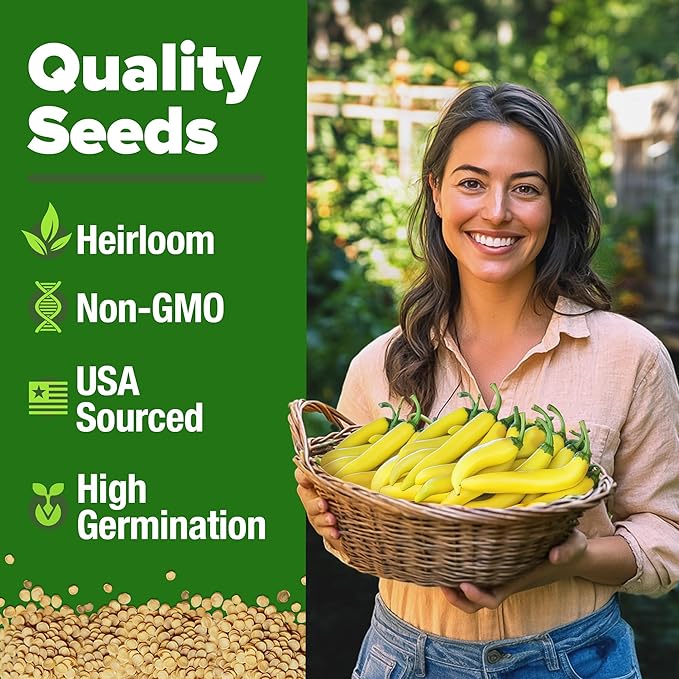 HOME GROWN Banana Pepper Seeds 94+ Heirloom Non GMO Seeds for Planting, High Germination, Sweet & Mild Peppers, Indoor Outdoor Garden, Perfect for Slicing & Pickling, High Yield (Capsicum annuum)