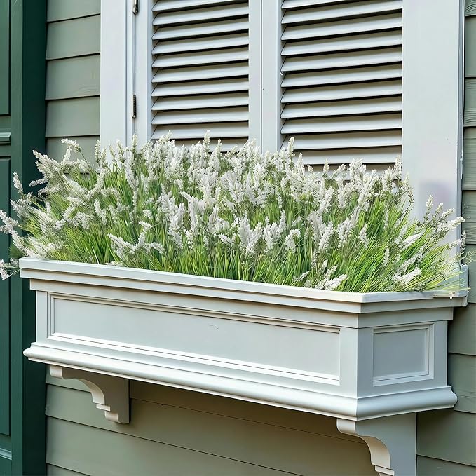 Yimingjin 12 Bundles Artificial Grass Fake Plants，Outdoor Fake Monkey Tail Grass with Flowers for Pot UV Resistant Lavender Patio Garden Porch Home Window Hanging Planter Decor Faux Shrubs(White)