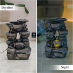 Solarbloom 18.9" H Water Fountain Outdoor/Indoor, 4-Tier Spiral Cascading Stacked Garden Fountain with LED Lights, Resin Waterfall Feature for Patio, Garden, Backyard, Deck, Home Decor