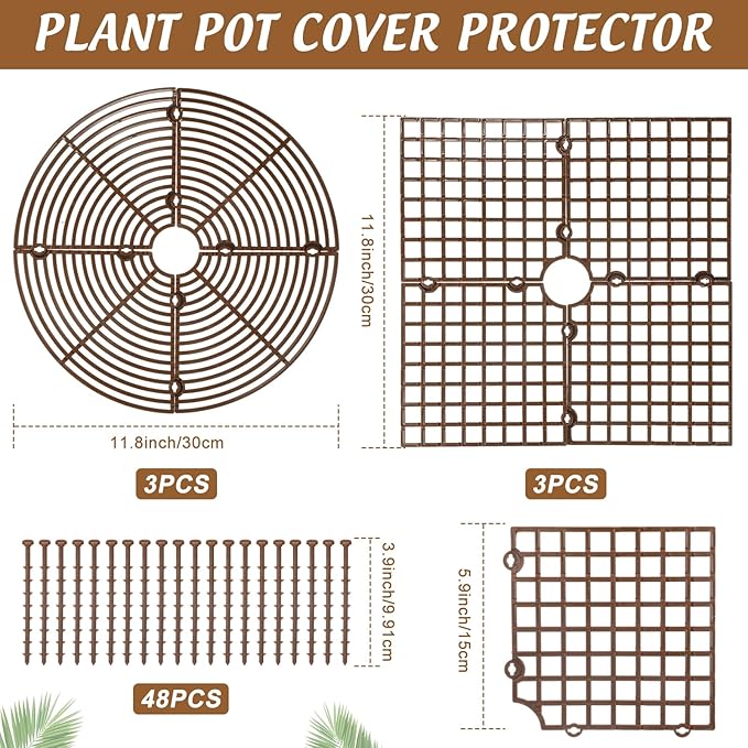 Nuanchu 6 Pcs Plant Pot Covers Grid Soil Protector from Animals 11.8" Cuttable Flower Protector Cat Digging Stopper Plant Pot Cover with Stakes for Indoor Outdoor Gardening, Round Square(Brown)