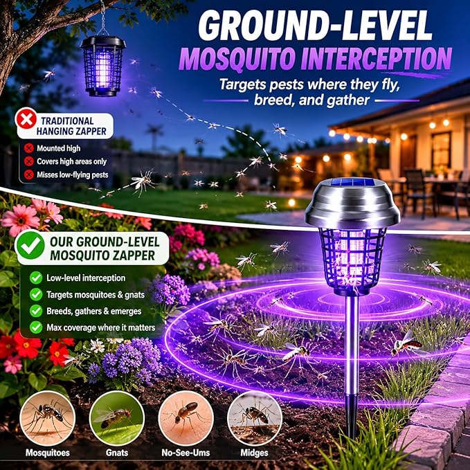 2026 4Pack Mosquito Repellent Outdoor Patio Solar Bug Zapper Outdoor Mosquito Zapper for Moths,Gnats,Flies,Small Flying Insect,Electric Fly Zapper for Backyard,Garden,Gnat Killer for Vegetable Beds