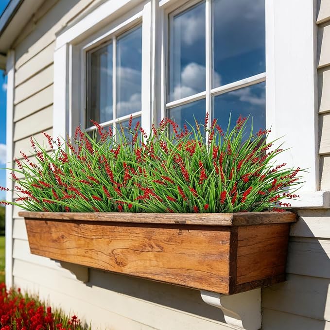 24 Bundles Artificial Plants Flowers Outdoor, Faux Lavender Flowers Fake Monkey Grass UV Resistant Plastic Plant for Porch Garden Patio Window Home Decor, Red
