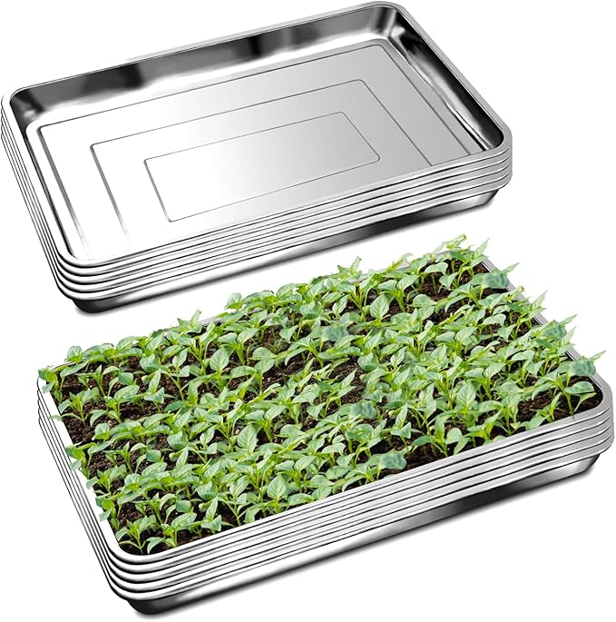 RooTrimmer 10 Pack Large Stainless Steel Seedling Trays, Heavy Duty Metal Water Catch Trays for Nursery Pots Transplant, Seed Germination & Propagation Flats (17.5 inch×13.56 inch, 1.18" Height)