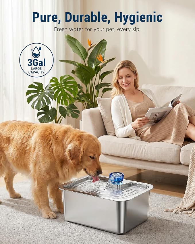 3 Gallon Stainless Steel Dog Water Fountain, BPA-Free Automatic Pet Water Dispenser with Quiet Pump, Easy to Clean, Large Capacity for Large Dogs and Multi-Pet Households