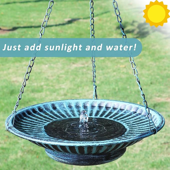 12.3" Hanging Bird Bath with Solar Fountain Bird Bath Bubbler，Birdbath Fountain for Garden Patio Decor,Blue