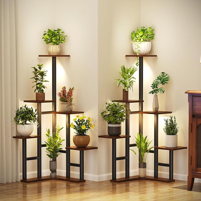 Yzosvki Corner Plant Stand Indoor with Grow Lights Set of 2, 6 Tiered Corner Plant Shelf Flower Stand for Multiple Plants, Plant Shelves Organizer Rack, Round Rustic Brown